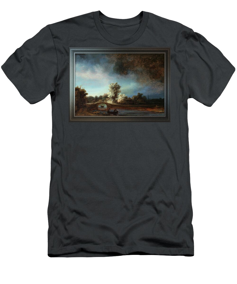 Landscape With A Stone Bridge T-Shirt featuring the painting Landscape with a Stone Bridge by Rembrandt van Rijn by Rolando Burbon