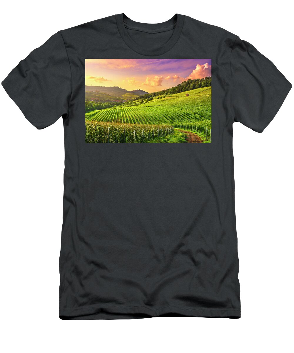 Vineyards T-Shirt featuring the photograph Barolo Vineyards at Sunset by Stefano Orazzini
