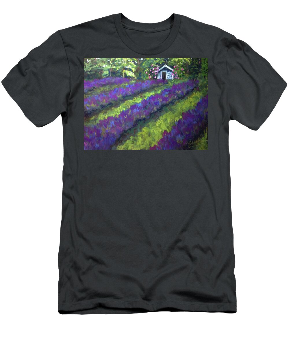 Lavender T-Shirt featuring the painting Lavande de Lherm, Lavender Farm by Jan Chesler