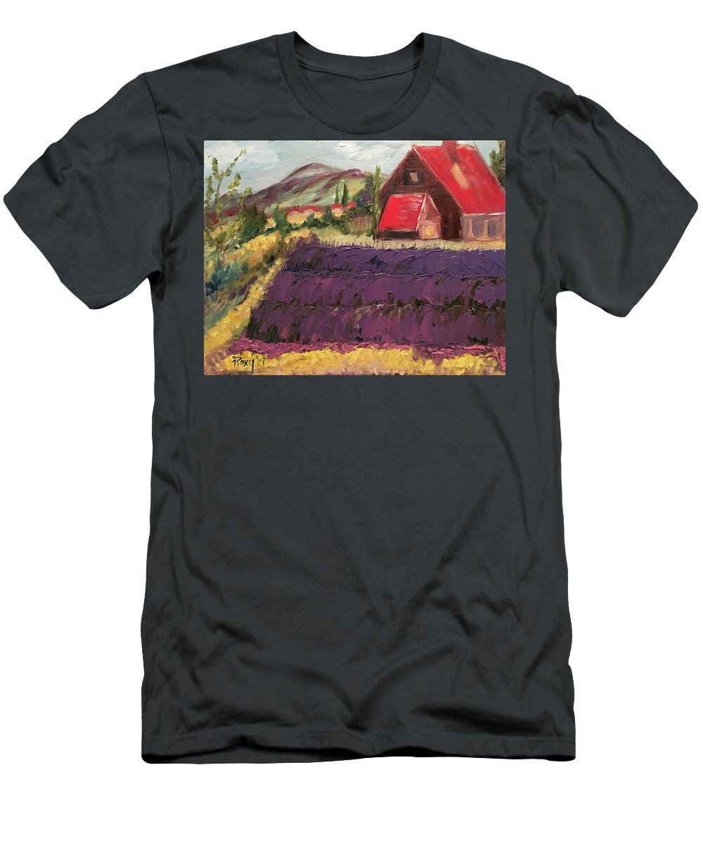 Lavender T-Shirt featuring the painting Lavender Farm with Red Barn by Roxy Rich