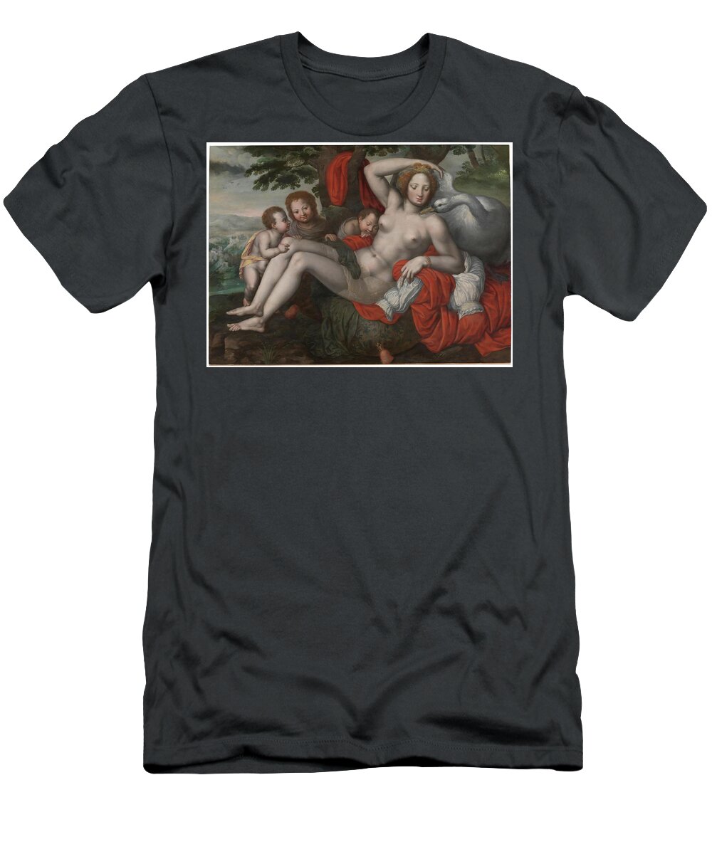 Georg Pencz T-Shirt featuring the painting 'Leda and the swan'. First half of the XVI century. Oil on panel. Jupiter. by Georg Pencz -c 1500-1550-