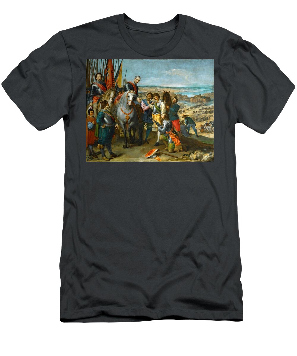 Ambrosio Espinola T-Shirt featuring the painting Leonardo Jusepe / 'The Surrender of Juliers', 1634-1635, Oil on canvas, 307 x 381 cm, P00858. by Jose Leonardo -1601-1652-