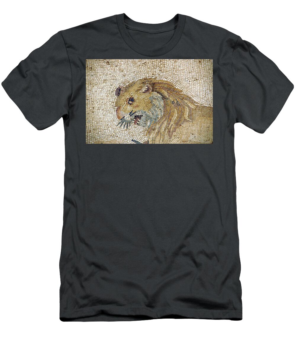 Ephesus T-Shirt featuring the photograph Lion mosaic in the ruins of a villa by Steve Estvanik