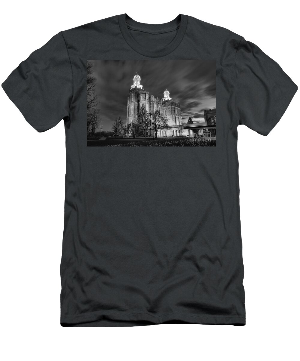 Logan T-Shirt featuring the photograph Logan Temple Glowing Under The Clouds Black And White by Adam Jewell