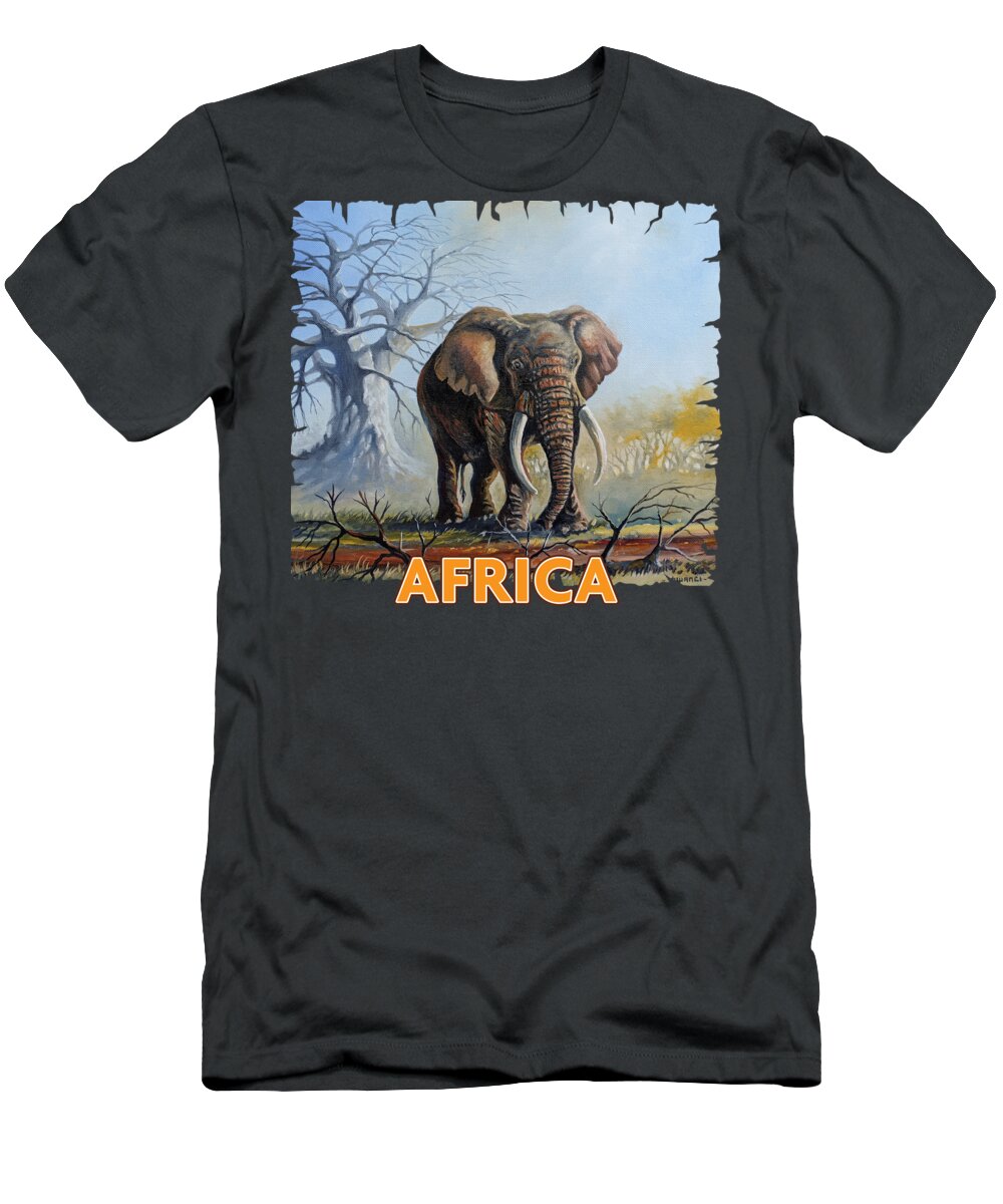 Print T-Shirt featuring the painting Lone Elephant Browsing by Anthony Mwangi