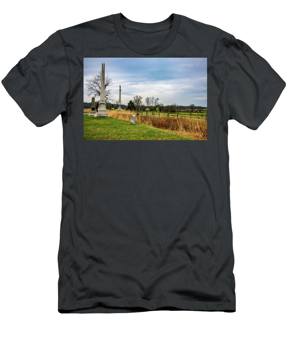 This Is A Photo Standing Near The Union Line In Front Of The Copse Of Trees T-Shirt featuring the photograph Looking down the Union Line by Bill Rogers