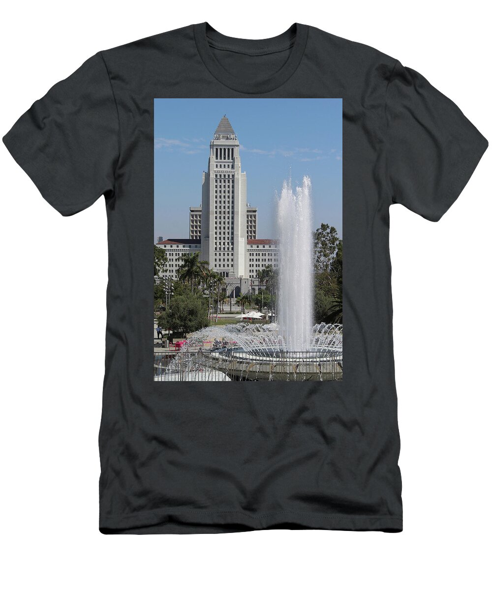 Buildings T-Shirt featuring the photograph Los Angeles City Hall and Arthur J. Will, Memorial Fountain by Roslyn Wilkins