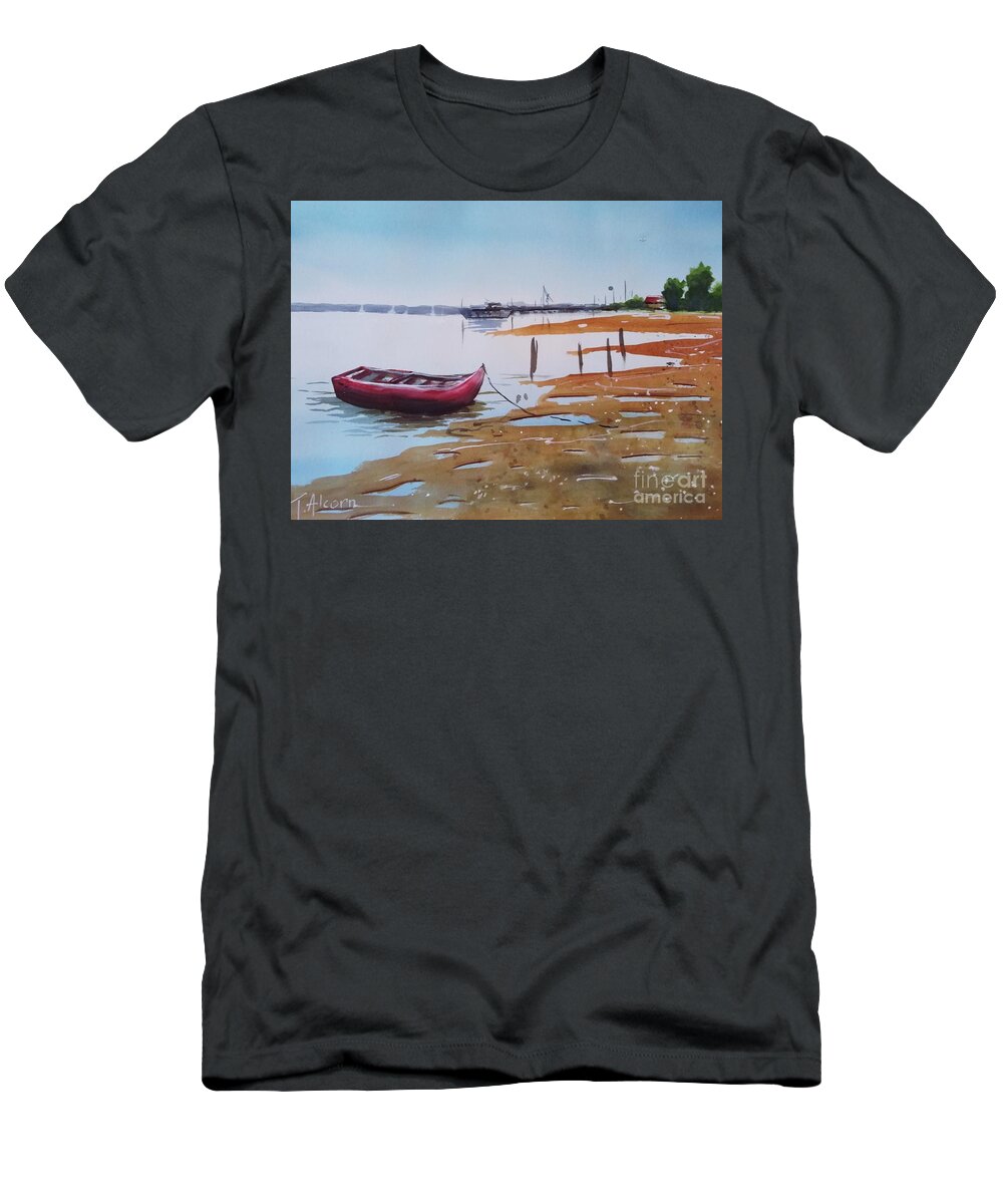 Boat T-Shirt featuring the painting Low tide by Therese Alcorn