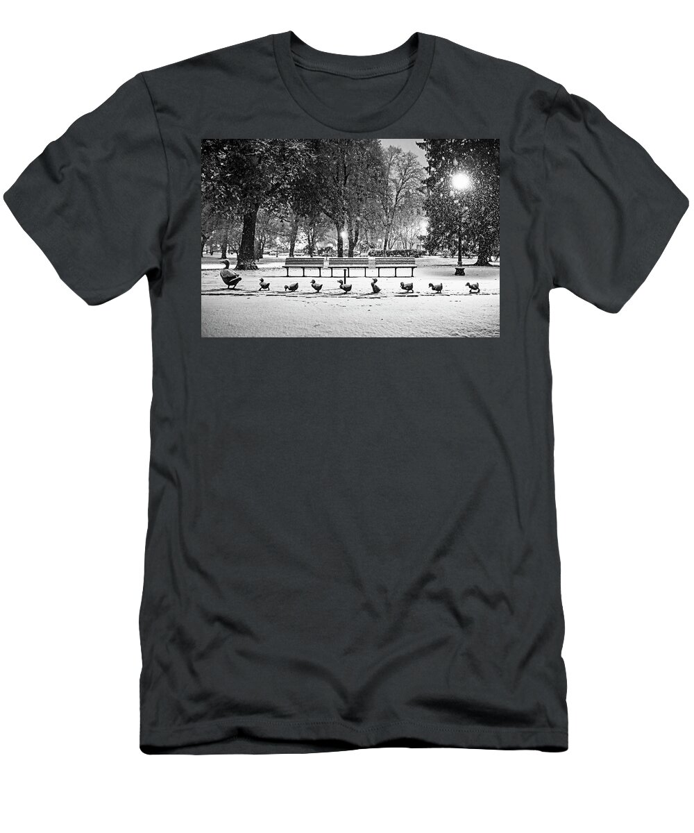 Boston T-Shirt featuring the photograph Make Way For Ducklings in the Snow Boston Common Boston MA Black and White by Toby McGuire