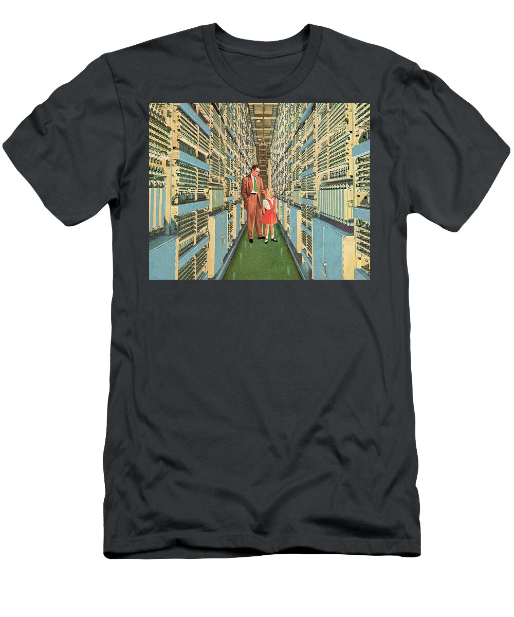 Adult T-Shirt featuring the drawing Man and Girl Walking Through Aisle of Computers by CSA Images