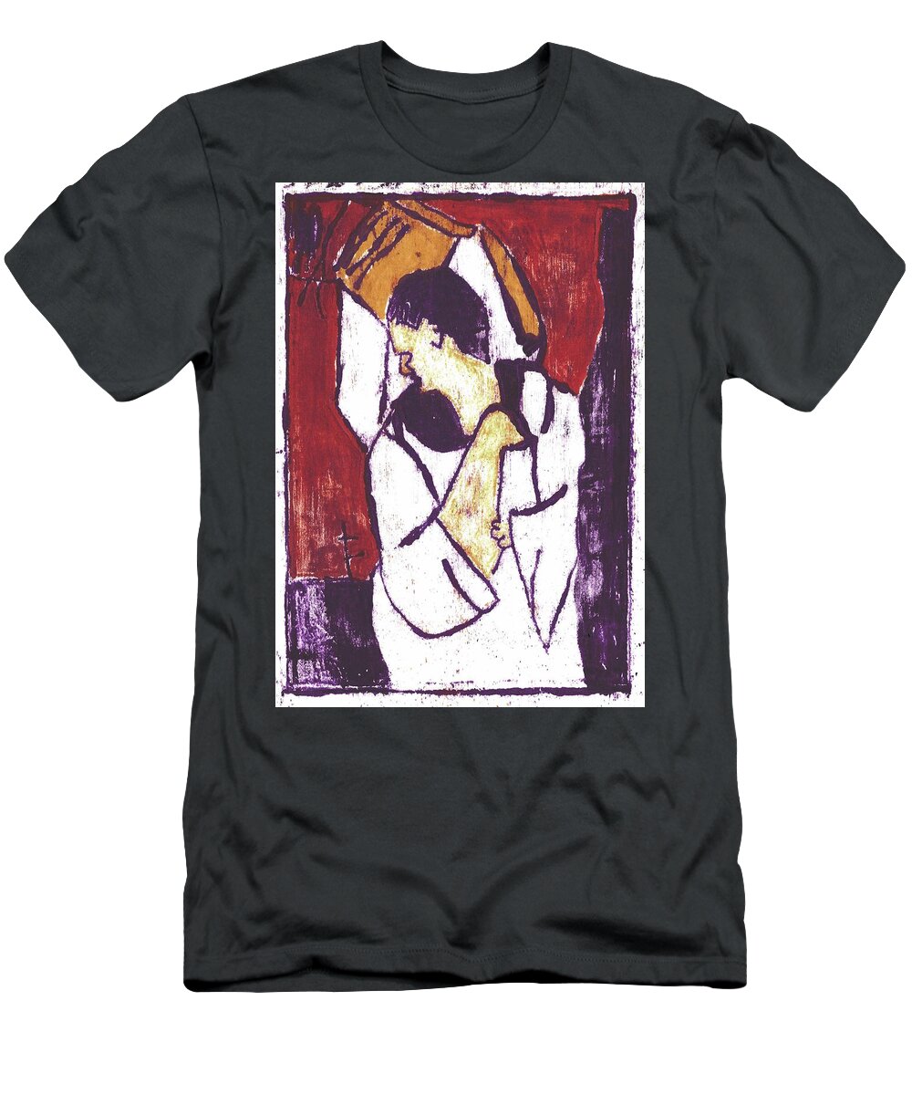 Man T-Shirt featuring the painting Man Sat on a Village Wall 3 by Edgeworth Johnstone