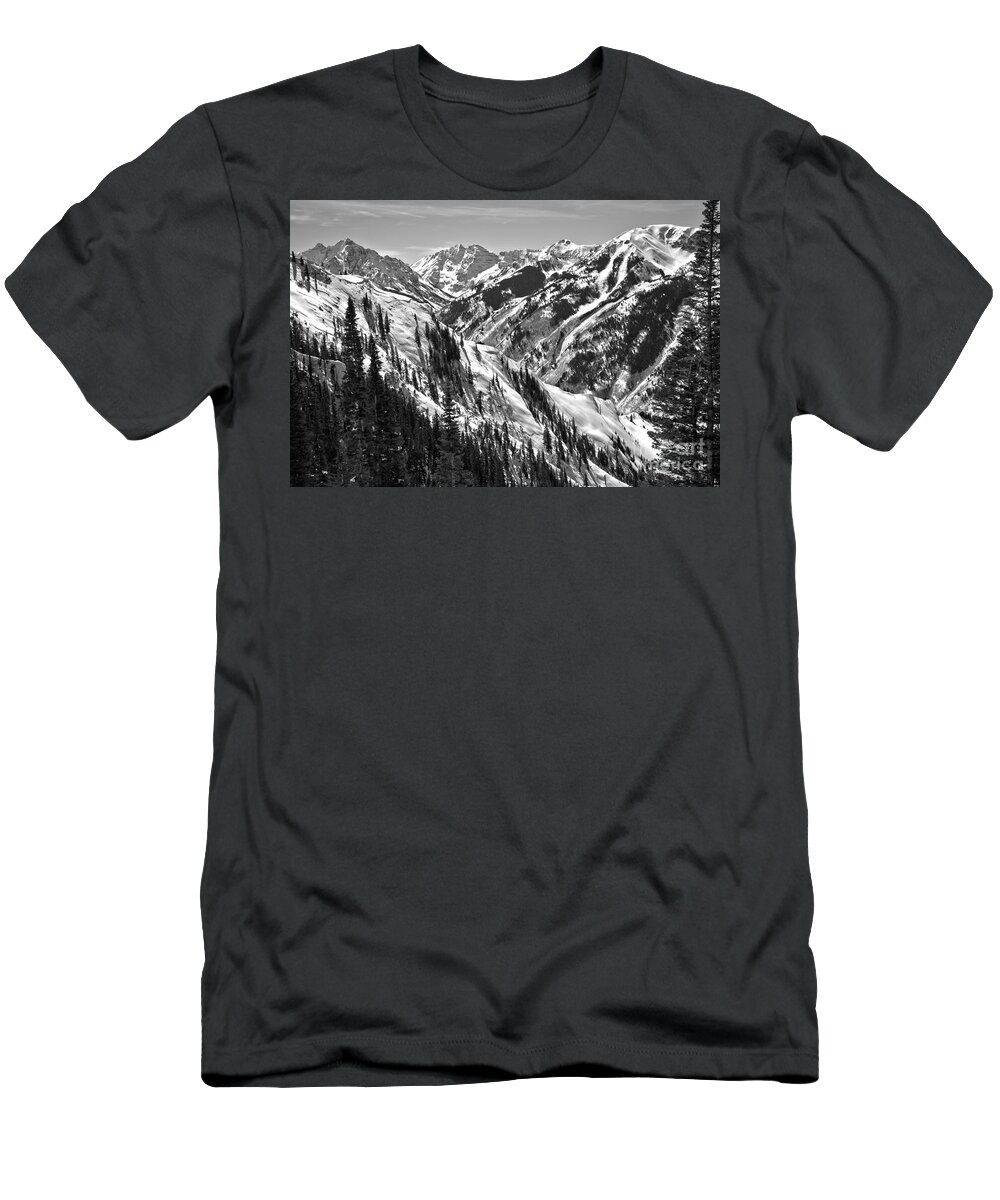 Maroon Bells T-Shirt featuring the photograph Maroon Bells Aspen Winter Black And White by Adam Jewell
