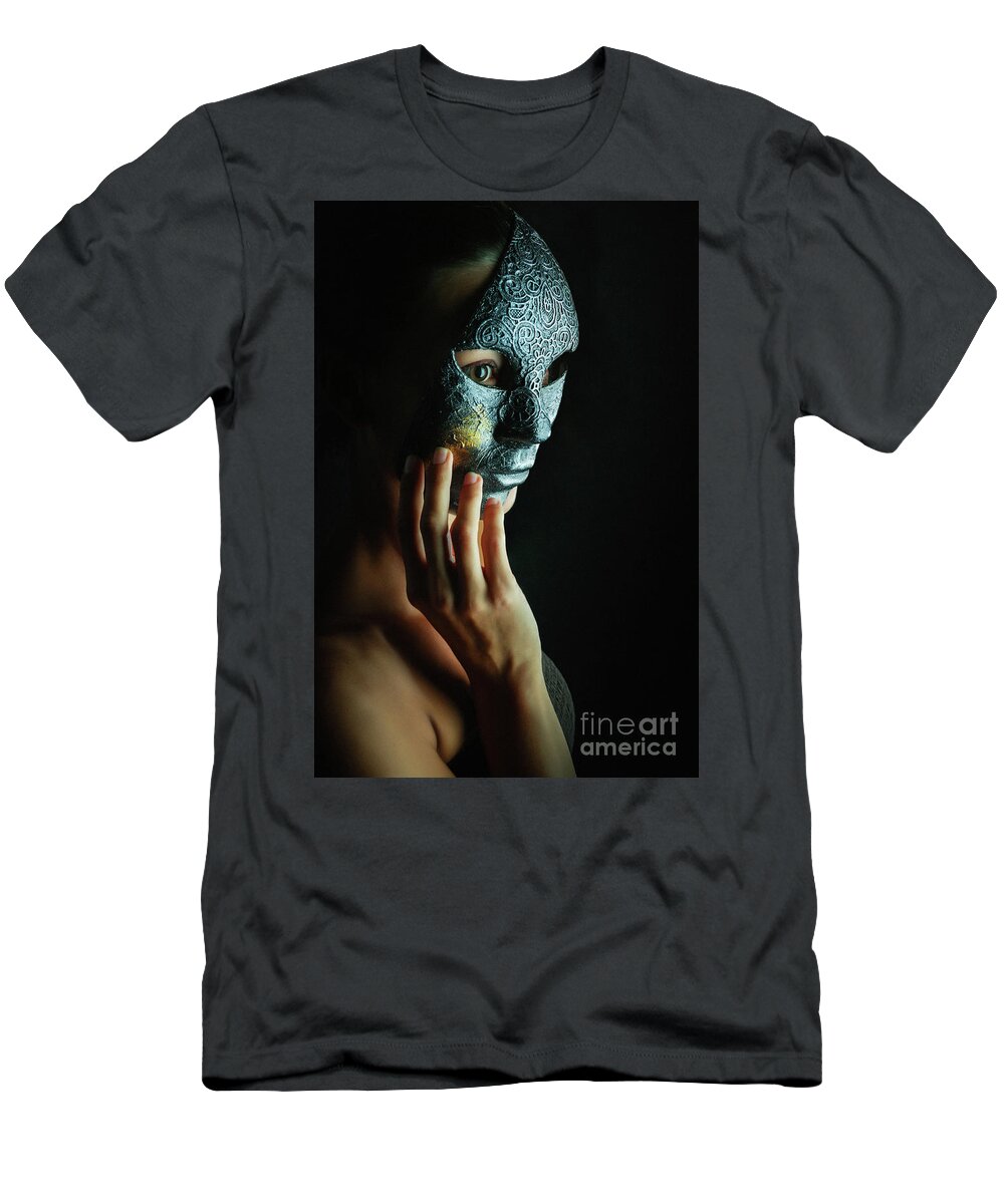 Art T-Shirt featuring the photograph Mask in hand Fashion portrait of lady with mask by Dimitar Hristov