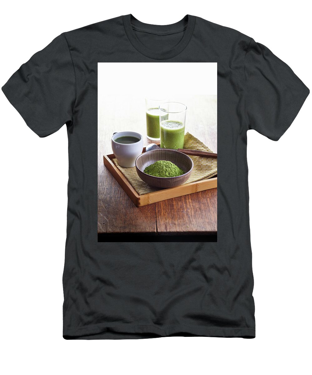 Cusine At Home T-Shirt featuring the photograph Matcha powder and drinks by Cuisine at Home