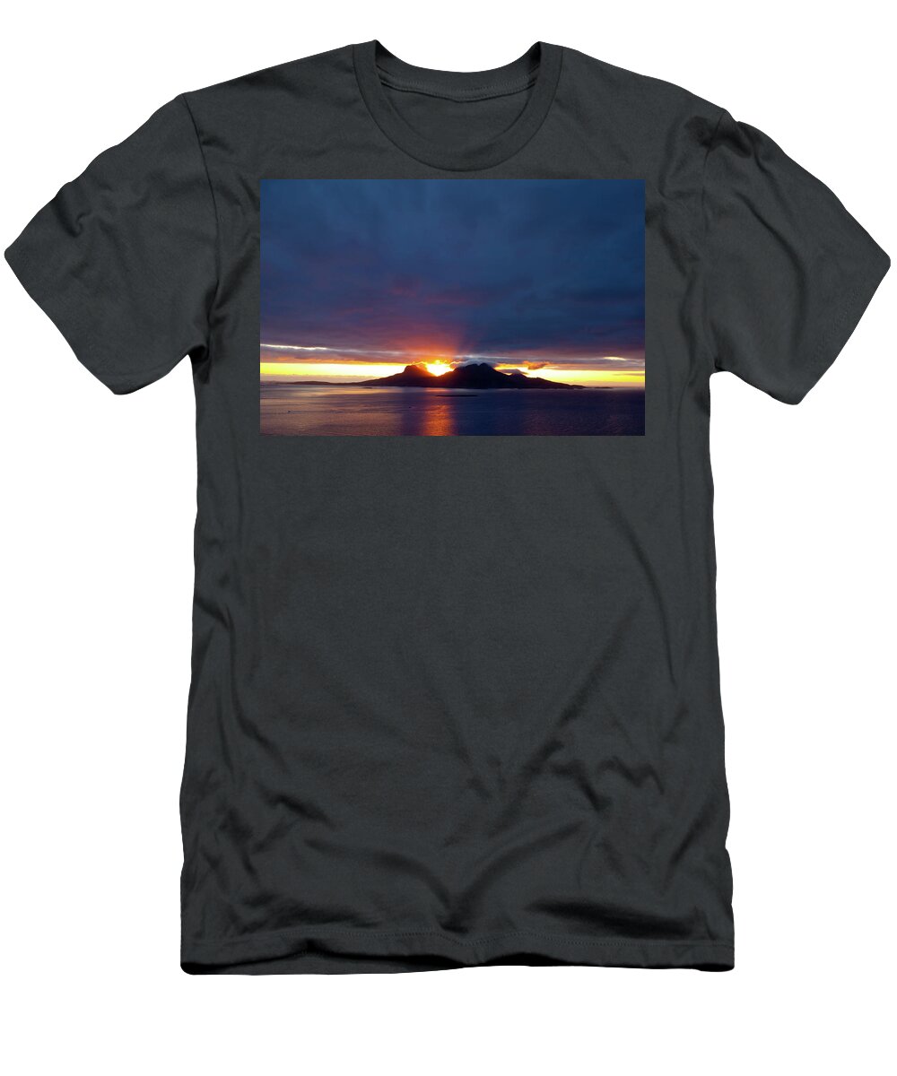 Estock T-Shirt featuring the digital art Midnight Sun Behind Island, Norway by Douglas Pearson