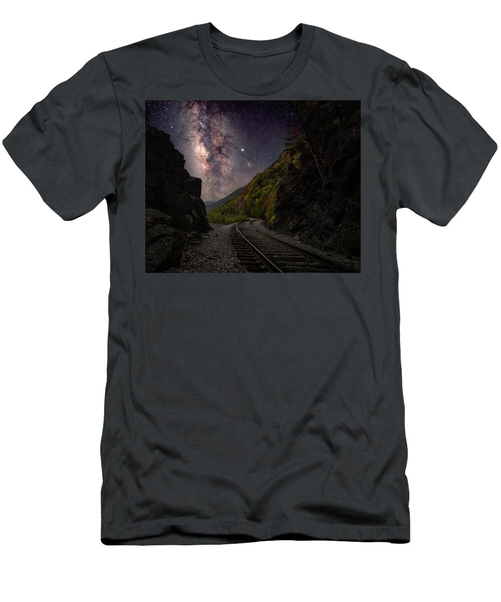 Crawford T-Shirt featuring the photograph Milky Way over Crawford Notch Railroad Tracks by William Dickman