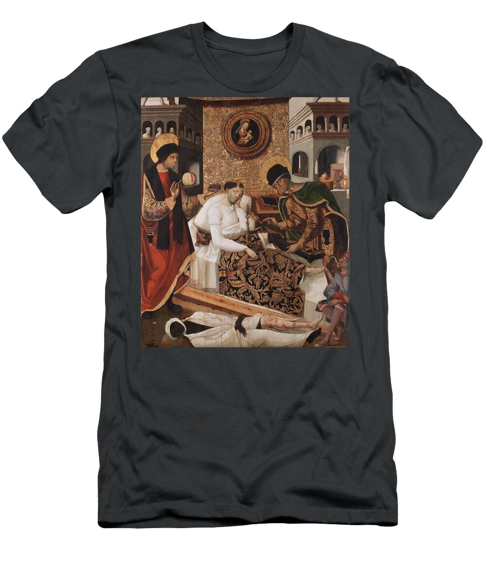 Fernando Del Rincon T-Shirt featuring the painting 'Miracles of the Doctor Saints Cosmas and Damian'. Ca. 1510. Oil on panel. by Fernando del Rincon de Figueroa -fl 1491-1525-