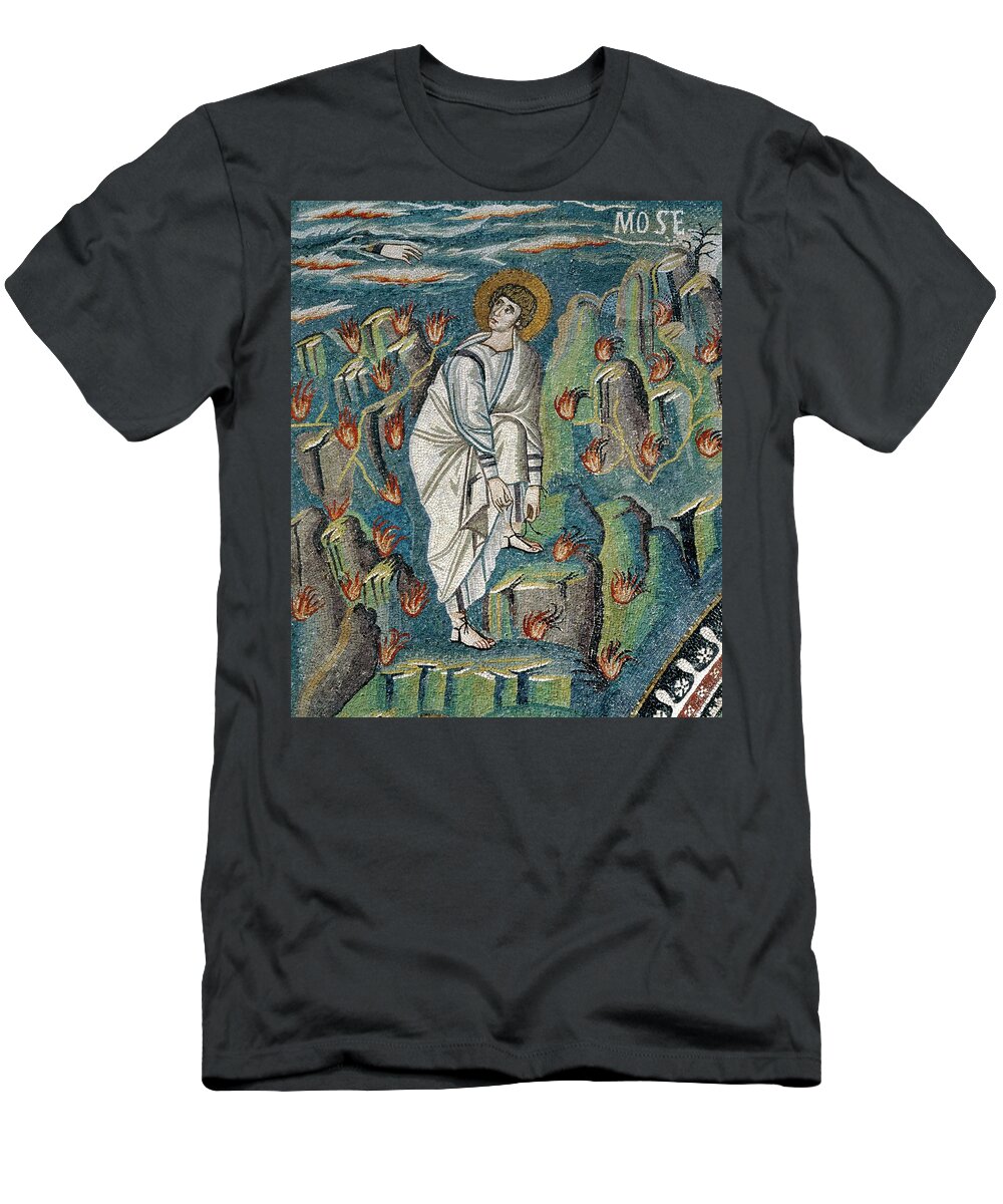 Moses T-Shirt featuring the painting Mosaic of Moses loosening sandal on Mt. Horeb or Sinai at God's command from burning bush in Basi... by Album