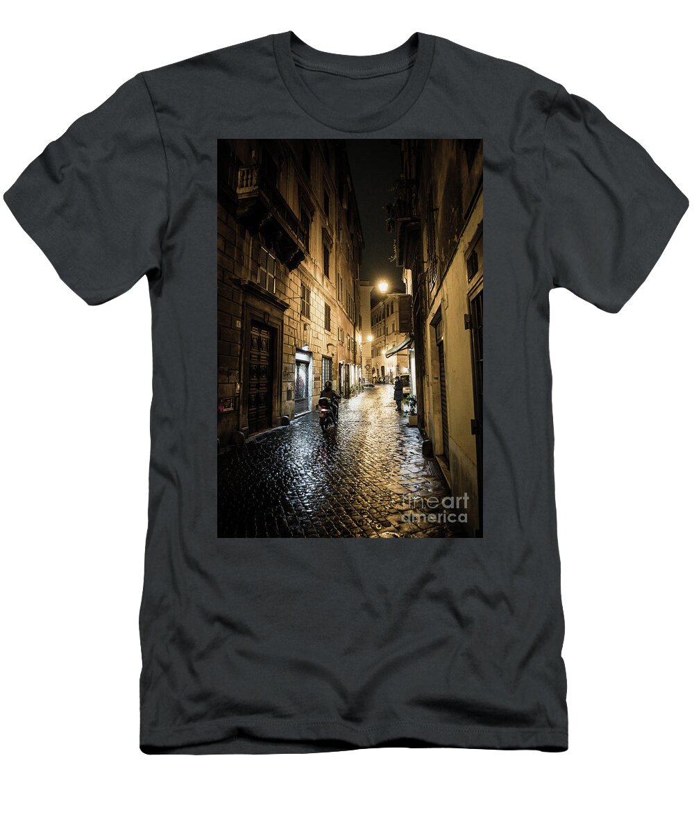 Italy T-Shirt featuring the photograph Motorbike in Narrow Street at Night in Rome in Italy by Andreas Berthold