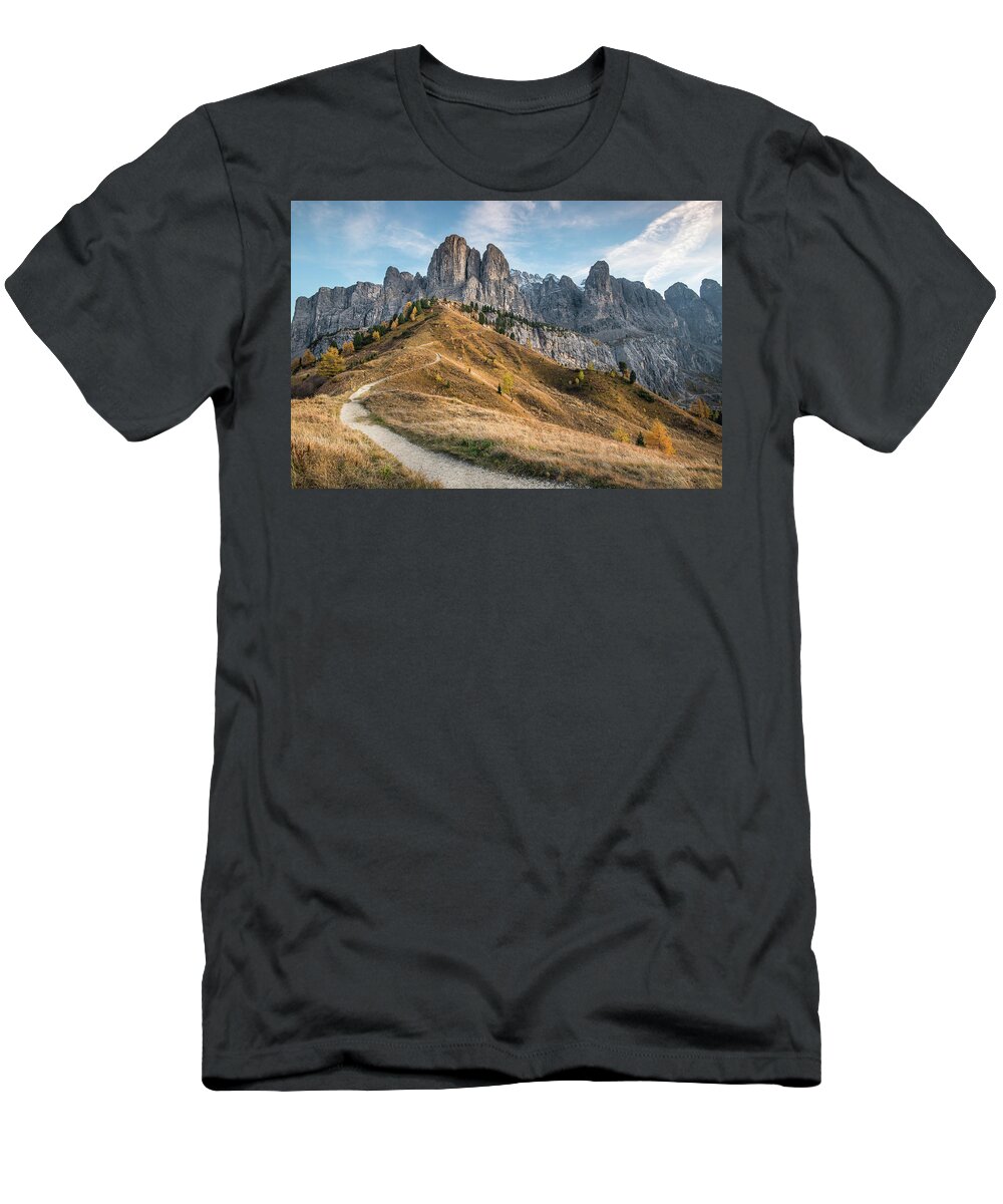 Dolomites T-Shirt featuring the photograph Mountain landscape of the picturesque Dolomites at Passo Gardena by Michalakis Ppalis