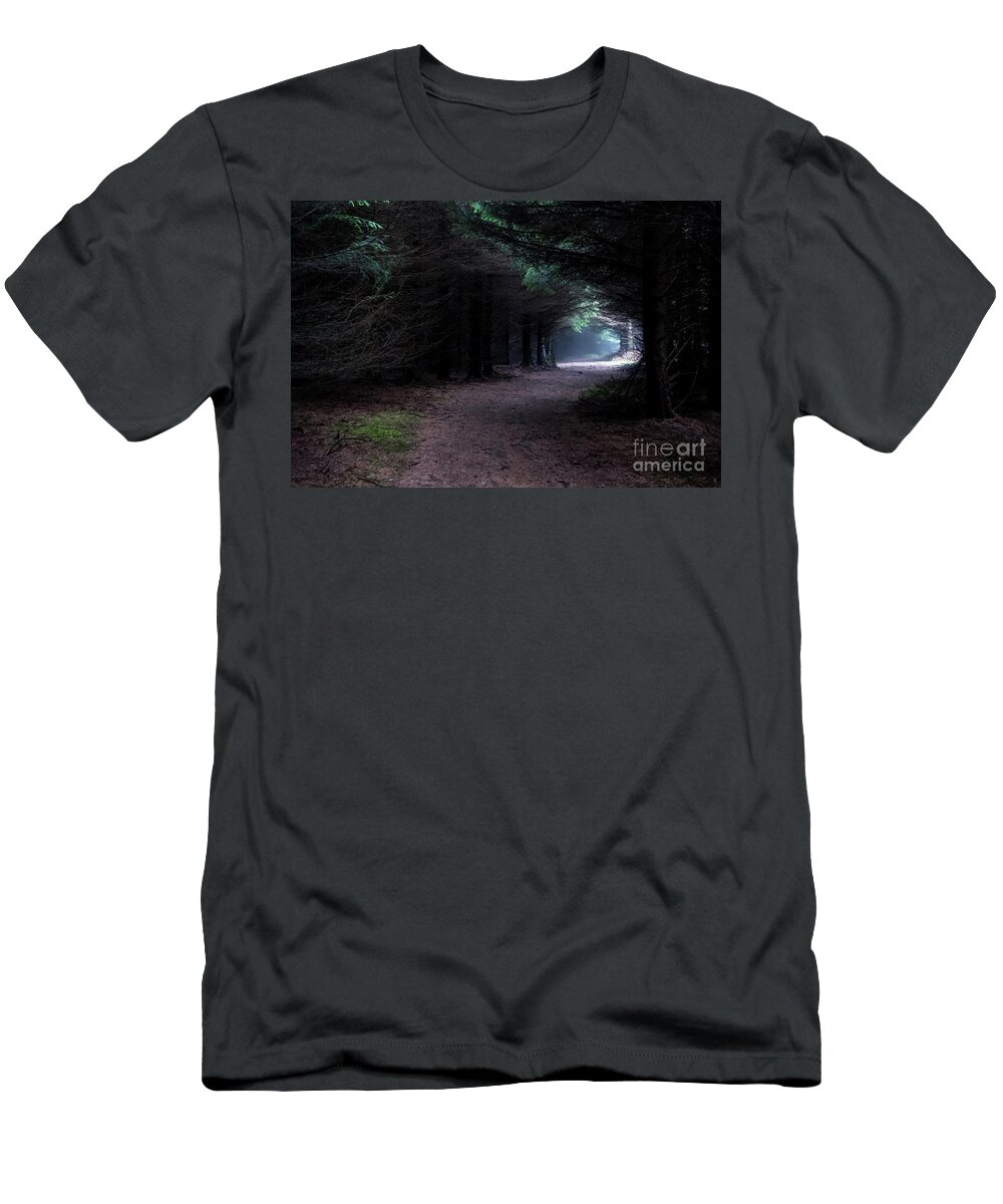 Wood T-Shirt featuring the photograph Narrow Path Through Foggy Mysterious Forest by Andreas Berthold