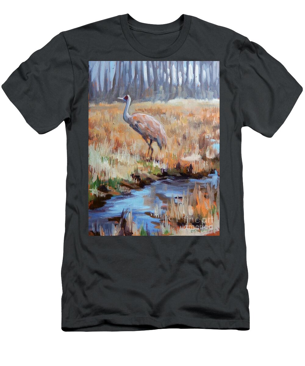 Sandhill Crane T-Shirt featuring the painting Nature's Birdbath by K M Pawelec
