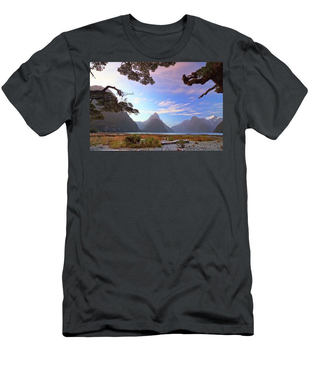 Estock T-Shirt featuring the digital art New Zealand, South Island, Southland, Fiordland National Park, Australasia, Milford Sound by Maurizio Rellini