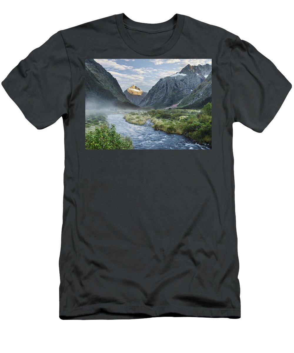 Estock T-Shirt featuring the digital art New Zealand, South Island, Southland, Oceania, Fiordland National Park, Hollyford River With View Towards Mount Talbot by Rainer Mirau