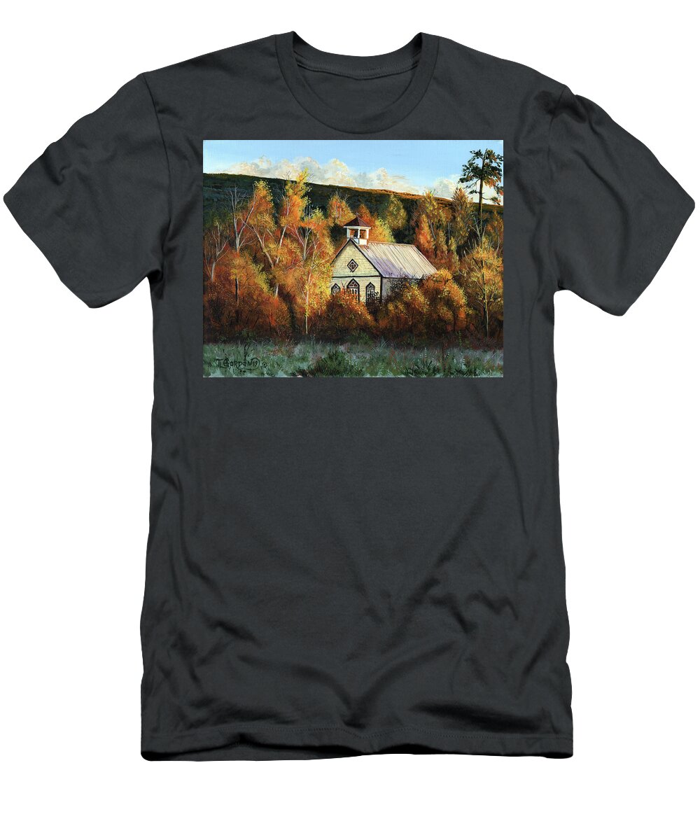 T L T-Shirt featuring the painting Old church in autumn by Timithy L Gordon