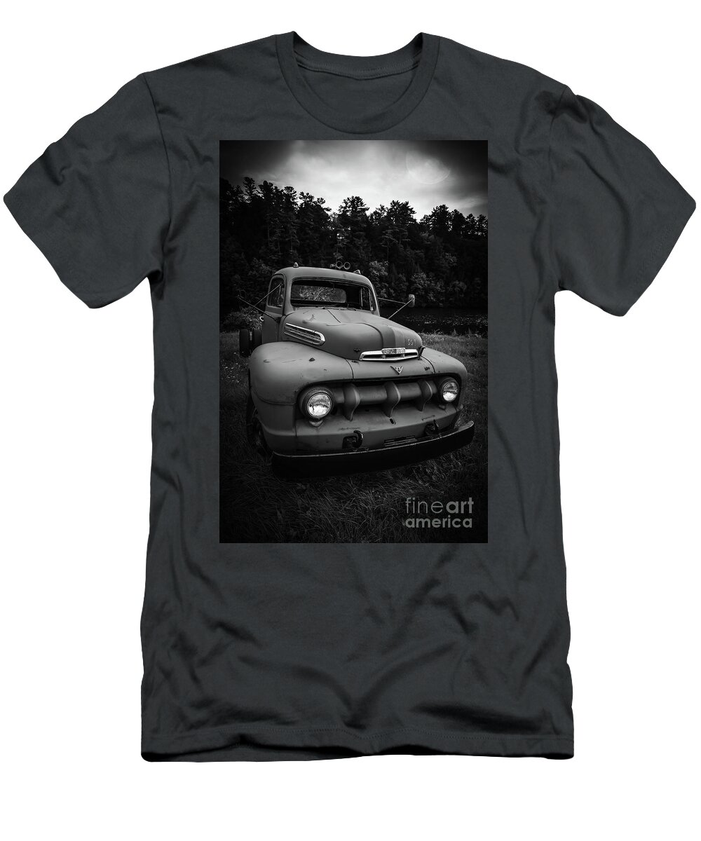 Vermont T-Shirt featuring the photograph Old Ford V8 Truck Under the Moonlight in Vermont by Edward Fielding
