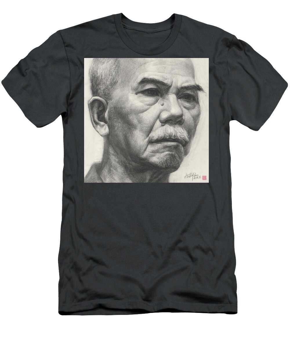 Old T-Shirt featuring the painting Old man's head portrait-part-ArtToPan drawing-portrait realistic carbon pencil sketch by Artto Pan