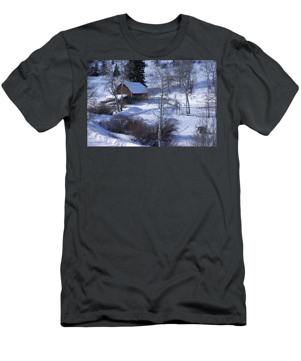 Snow T-Shirt featuring the photograph Old western barn in snow with aspens by Steve Estvanik