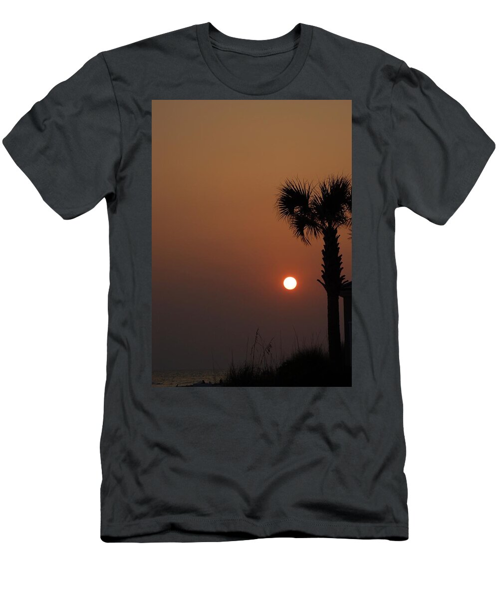 Orange Sunset T-Shirt featuring the photograph Orange Sunset With Palm and Sea Grass by Dennis Schmidt
