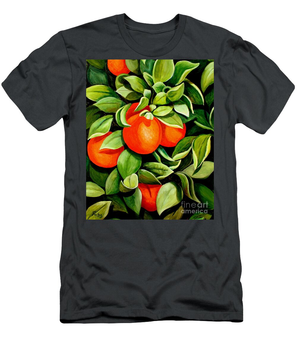 Citrus Fruit Painting T-Shirt featuring the painting Orange tree at 2pm by Pechez Sepehri