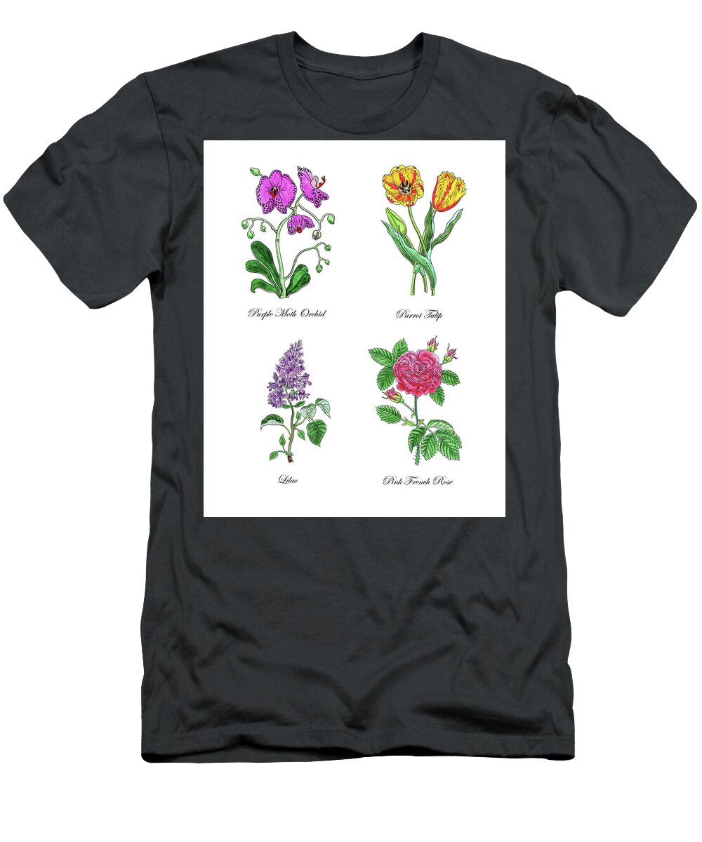 Orchid T-Shirt featuring the painting Orchid Tulip Lilac Rose Botanical Watercolor  by Irina Sztukowski