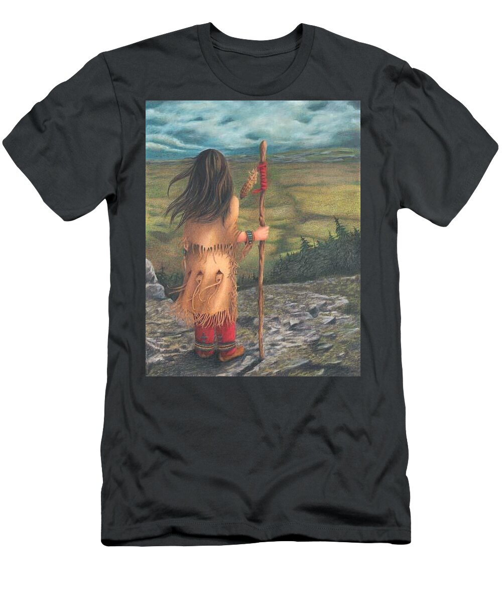 Native American Portrait. American Indian Portrait. Native American Youth. The Black Hills. T-Shirt featuring the painting Overlooking the Black Hills by Valerie Evans