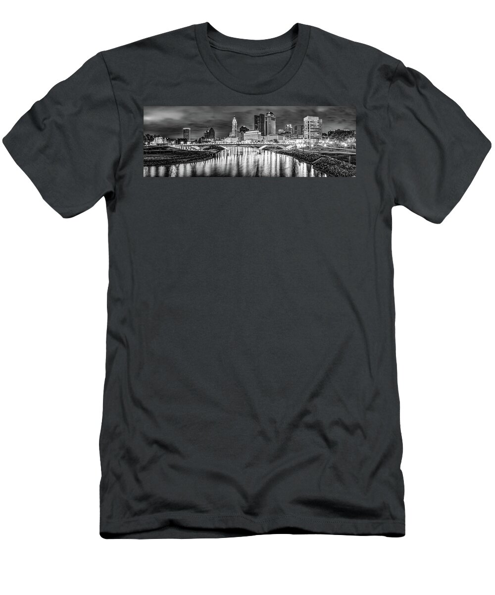 America T-Shirt featuring the photograph Panoramic Night View of Columbus Ohio Skyline - Black and White by Gregory Ballos
