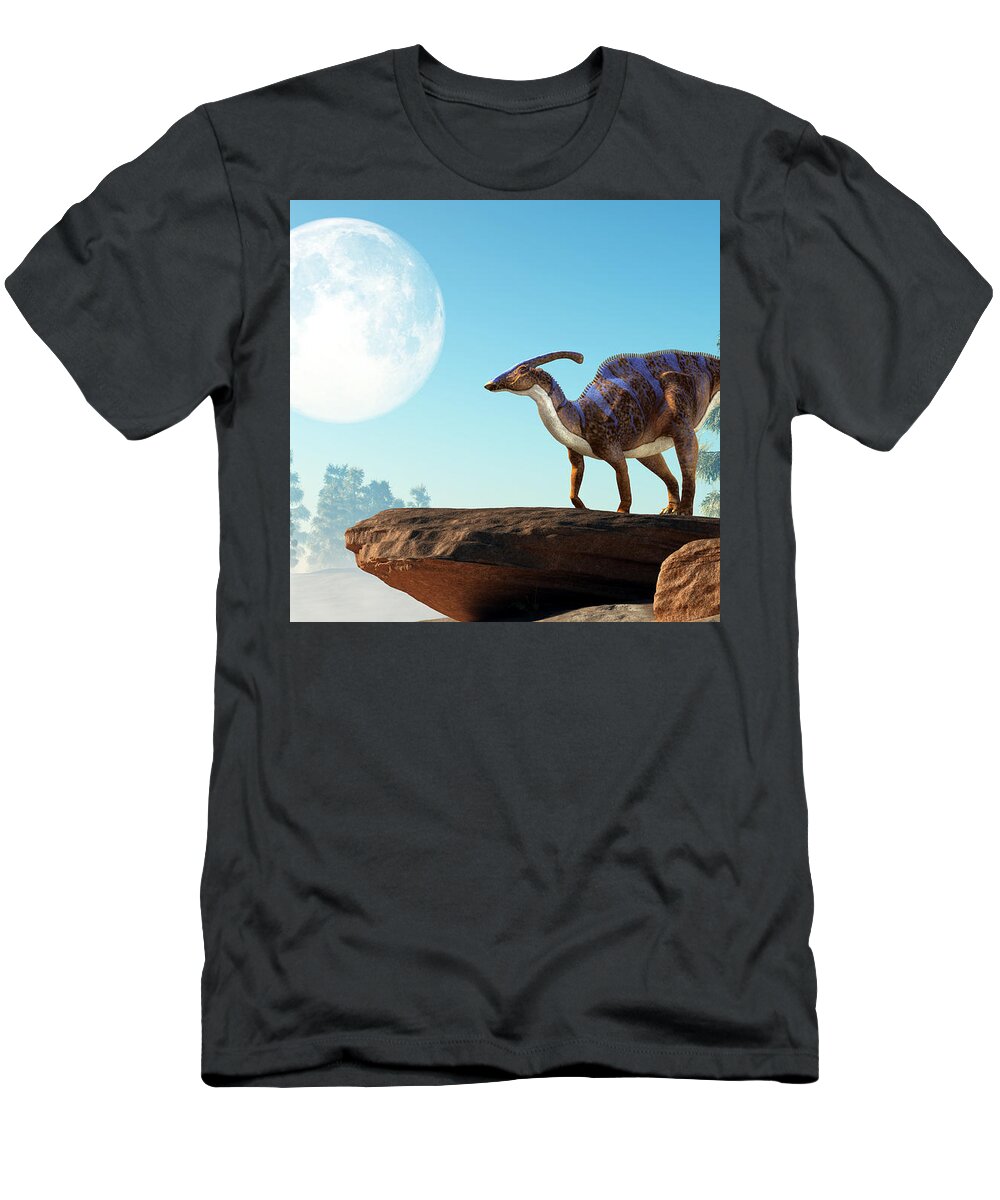 Parasaurolophus T-Shirt featuring the digital art Parasaurolophus on a Rock Under the Moon by Daniel Eskridge