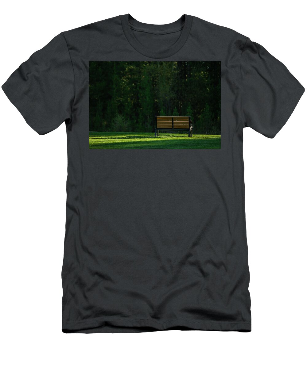Bench T-Shirt featuring the photograph Park bench at sunrise by Julieta Belmont