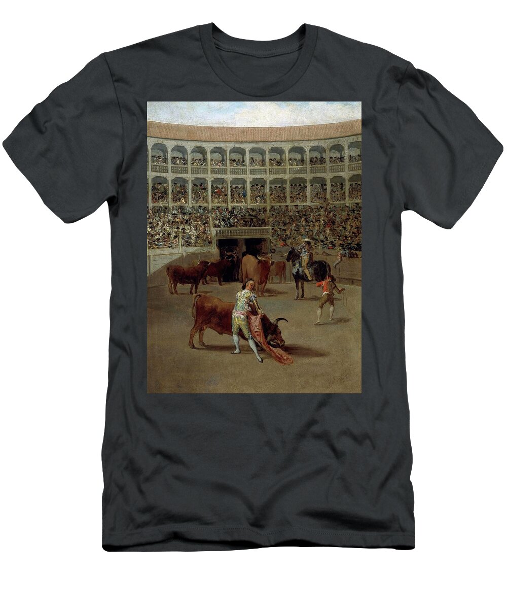 Francisco Jose De Goya T-Shirt featuring the painting 'PASE DE CAPA-LA CAPEA'-1793-43x31cm- OIL ON TIN. by Francisco de Goya -1746-1828-