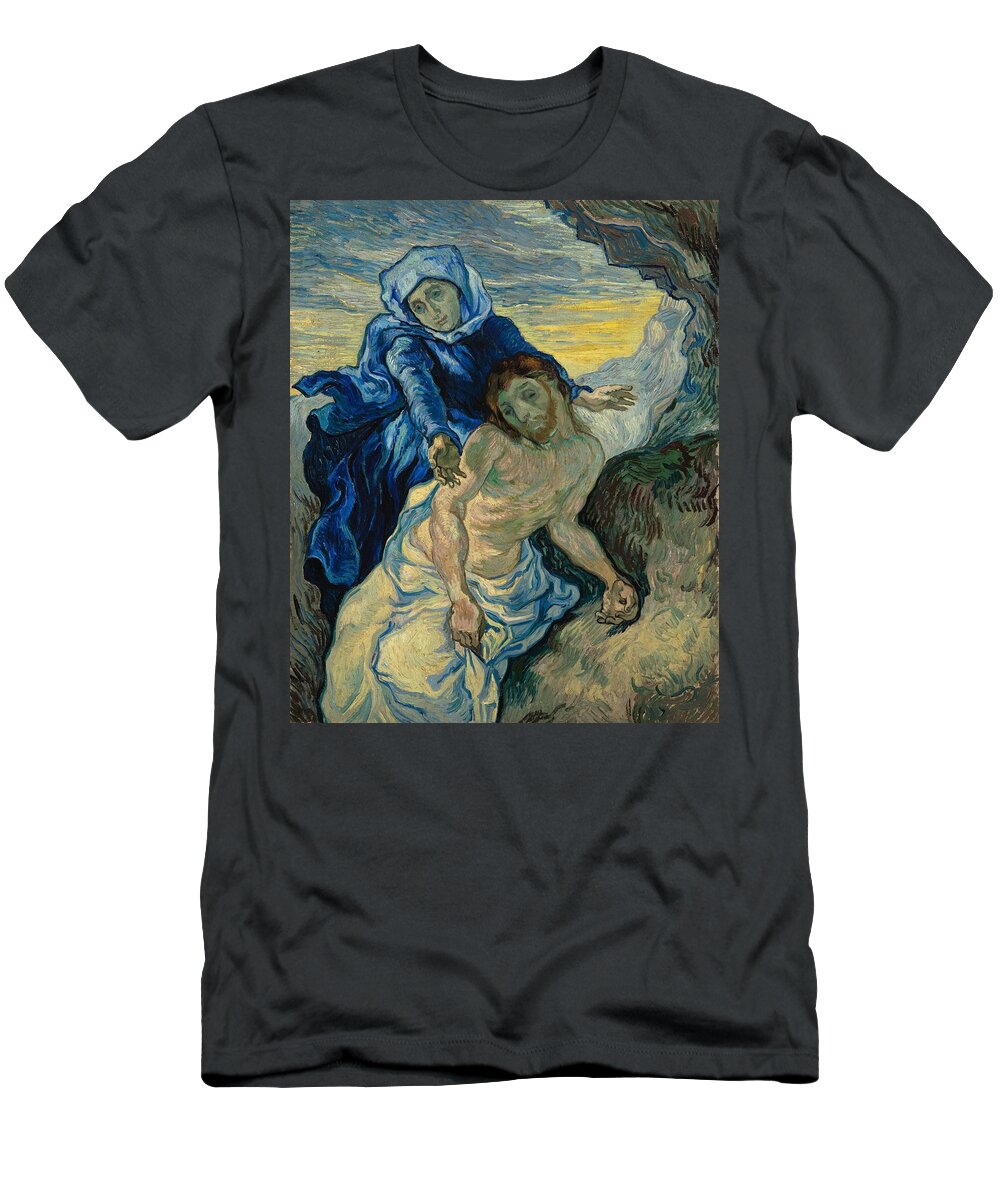 Oil On Canvas T-Shirt featuring the painting Pieta -after Delacroix-. by Vincent van Gogh -1853-1890-