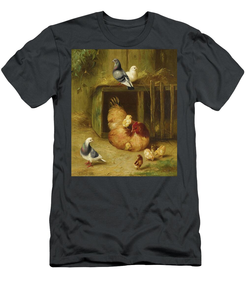 Pigeons T-Shirt featuring the painting Pigeons And Chicks With Mother Hen by Edgar Hunt