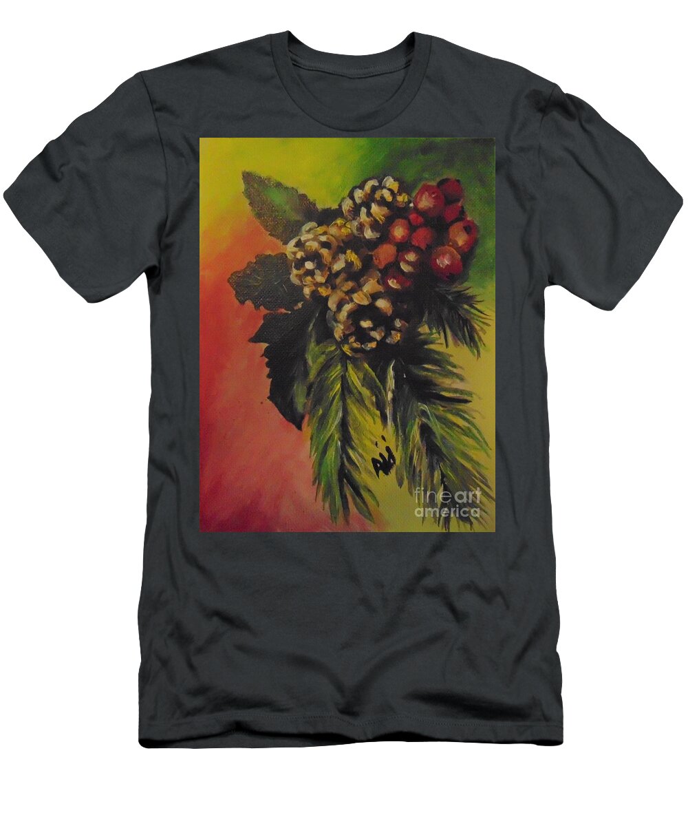 Christmas T-Shirt featuring the painting Pine Cones and Berries by Saundra Johnson