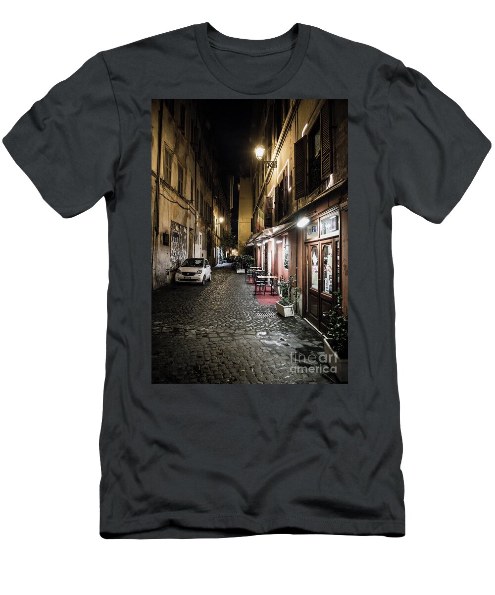 Italy T-Shirt featuring the photograph Pizzeria in Abandoned Street at Night in Rome in Italy by Andreas Berthold