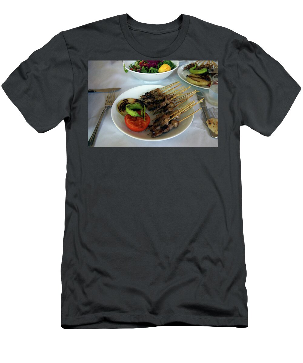 Aphrodisias T-Shirt featuring the photograph Plate of kebabs and salad for lunch by Steve Estvanik