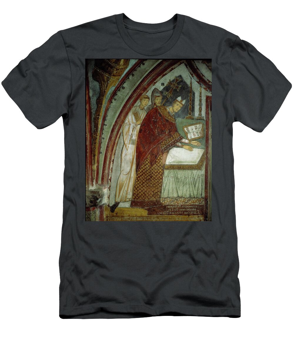 Pope Gregory Ix T-Shirt featuring the painting Pope Gregory IX -1170-1241- consecrates Subiaco Chapel Fresco 13th century. St. Benedict Sacro Sp... by Album