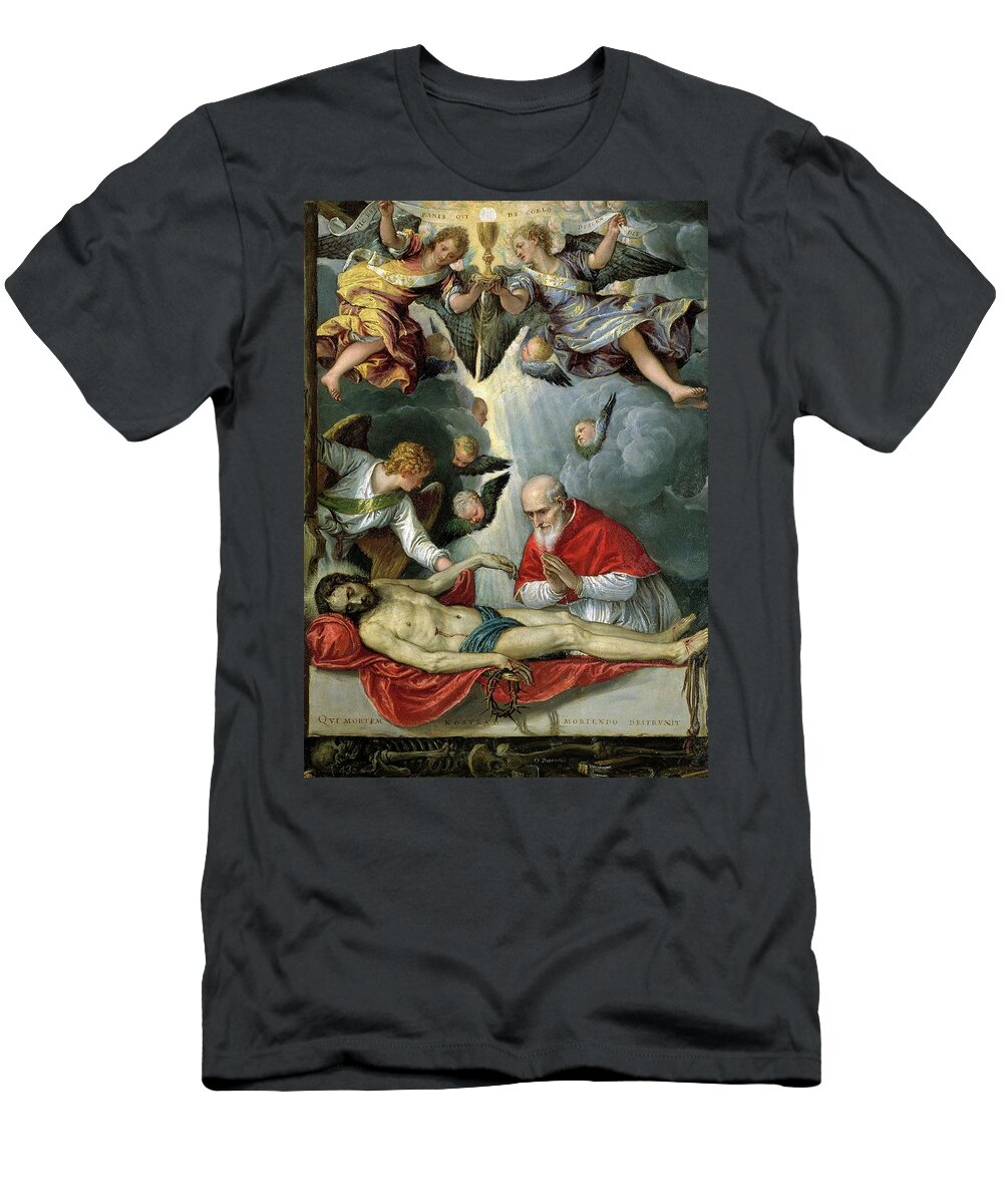 Parrasio Michele T-Shirt featuring the painting 'Pope Pius V worshipping the body of Christ', 1572-1575, Italian School, Oil o... by Parrasio Micheli -c 1515-1578-