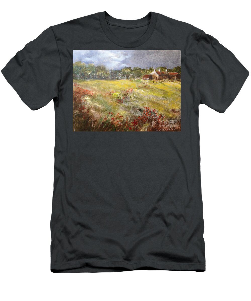 Lizzy Forrester T-Shirt featuring the painting Poppies in the Cotswolds, Spring in the air. by Lizzy Forrester