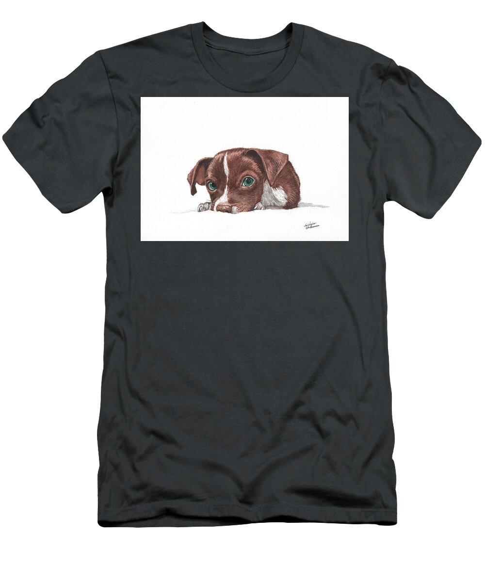 Chocolate T-Shirt featuring the painting Portrait of a Chihuahua puppy in watercolor by Christopher Shellhammer