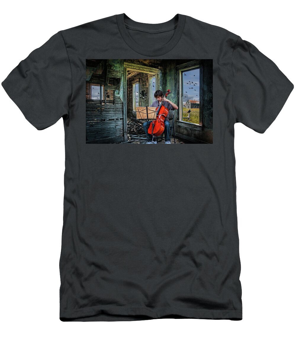 Cello T-Shirt featuring the photograph Practicing among the Ruins. A Cello Player playing Music by Randall Nyhof